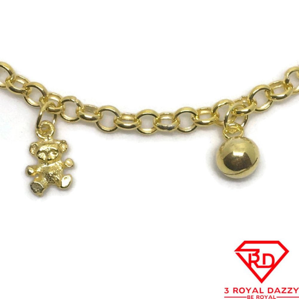 Teddy bear & bell charm 7 inch Bracelet 999 gold
